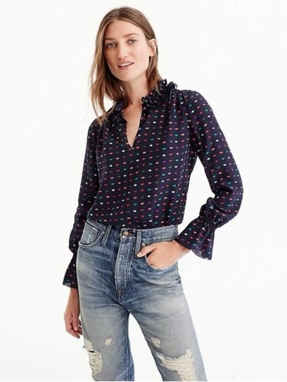J Crew 100% Silk Ruffle Neck Blouse in Kissy Lips Print, Women’s size 0